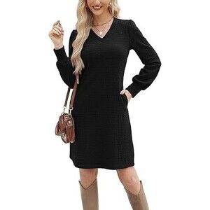 Black M Womens Casual Dresses Long Balloon Sleeves V Neck Mini Dress Knee Length